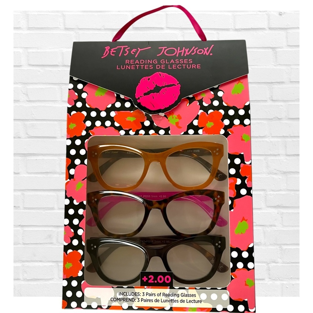 Betsey Johnson 3 Set Reading Glasses 2.00 Black Pink Tortoise Shell Set Chunky